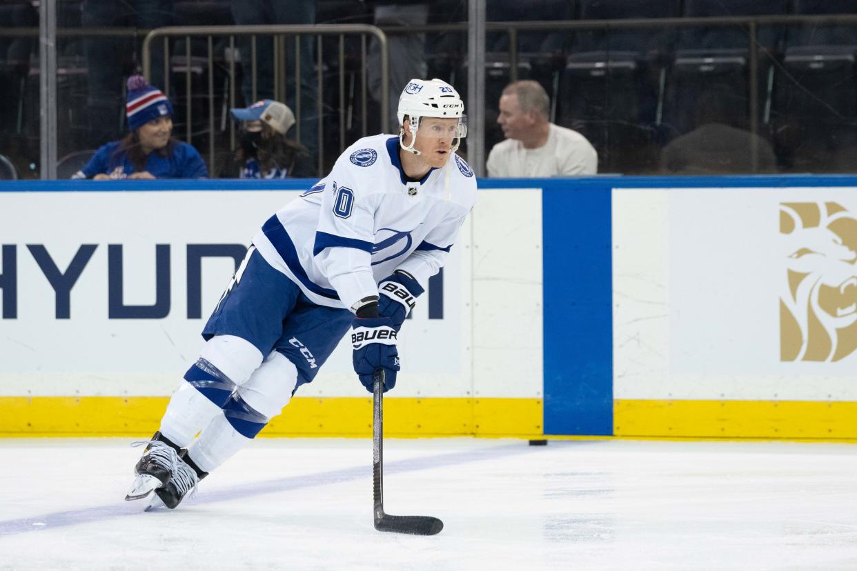 Jan 2, 2022; New York, New York, USA;  Tampa Bay Lightning center Riley Nash (20) controls the puck during the first period against the New York Rangers at Madison Square Garden. Mandatory Credit: Gregory Fisher-USA TODAY Sports