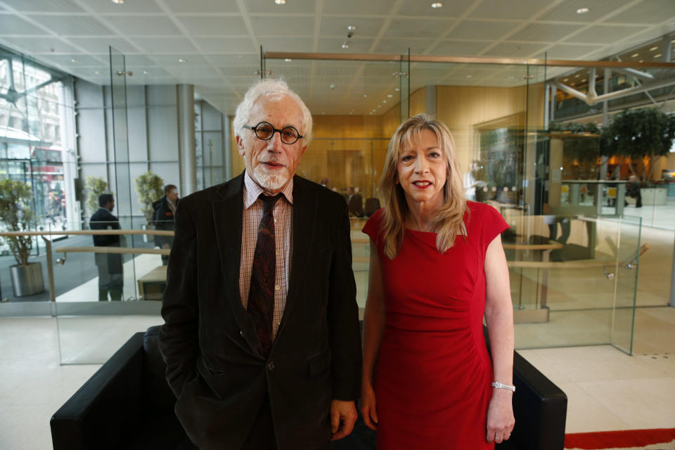 Joe Herbert, left, Emeritus Professor of Neuroscience at the University of Cambridge and Barbara Sahakian, right, professor of Clinical Neurophychology at the same university, pose prior to a news conference to announce the results of a new study in central London, Monday, Feb. 17, 2014. A saliva test for teenage boys with mild symptoms of depression could help predict those who will later develop major depression, the new study says. Researchers who measured cortisol levels in teenagers found that boys with high levels of the hormone and mild depression symptoms were 14 times more likely to later suffer from clinical depression than those with low levels. Herbert said: "You don’t have to rely simply on what the patient tells you, but what you can measure inside the patient," comparing the new test to those done for other health problems, like heart disease, which evaluate things like cholesterol and high blood sugar to determine a patient’s risk. (AP Photo/Lefteris Pitarakis)