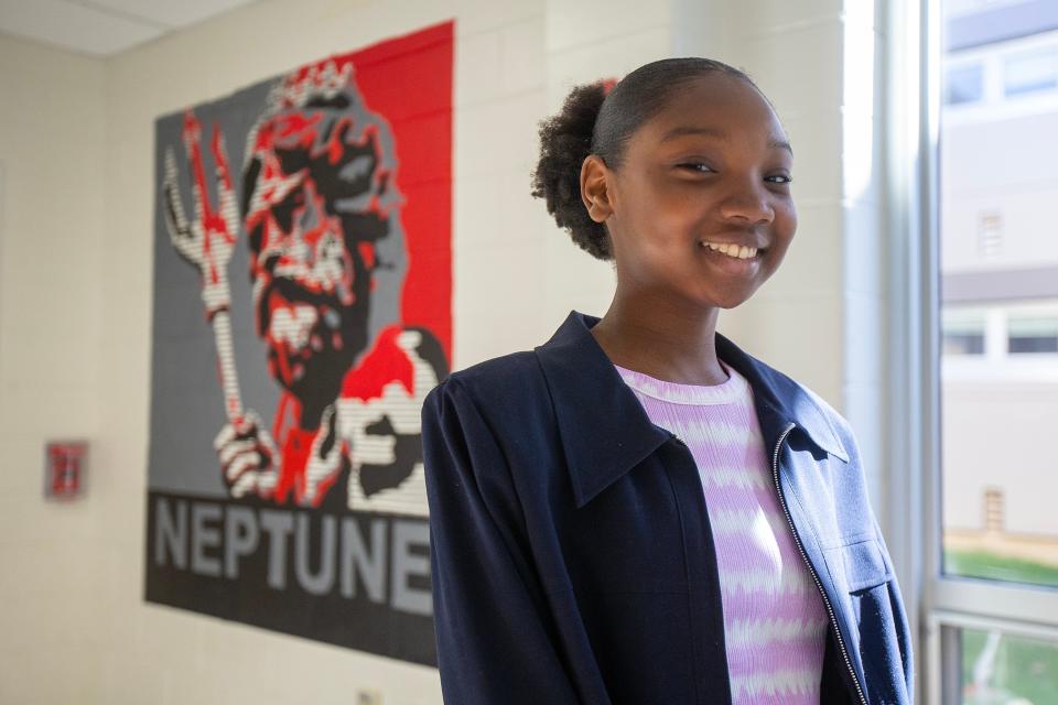 Widley (Laura) Joseph, 13, of Neptune, who earned a spot to compete in the National Spelling Bee in Washington DC, talks about the upcoming competition at Neptune Middle School in Neptune, NJ Thursday March 30, 2023.