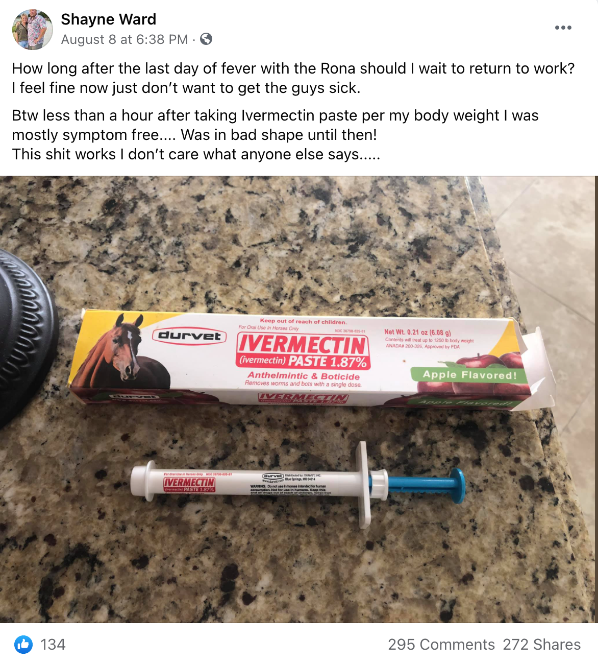 People are sharing their experiences with Ivermectin on Facebook, sparking a growth in popularity as a treatment for Covid. (Facebook/Shayne Ward)