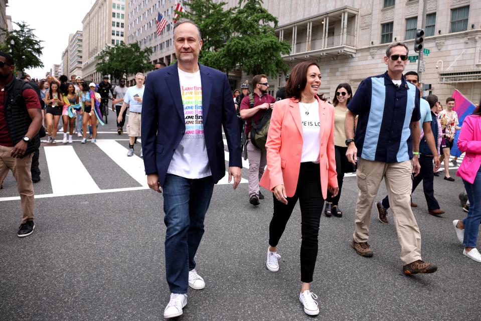 Vice President Kamala Harris and husband Doug Emhoff join marchers for the Capital Pride Parade on June 12, 2021 in Washington, DC.