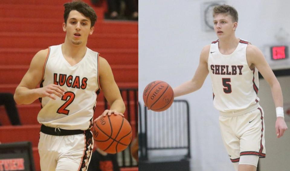 Lucas' Logan Toms (left) and Shelby's Alex Bruskotter (right) were named the Mansfield News Journal co-Players of the Year for the 2022-23 season.