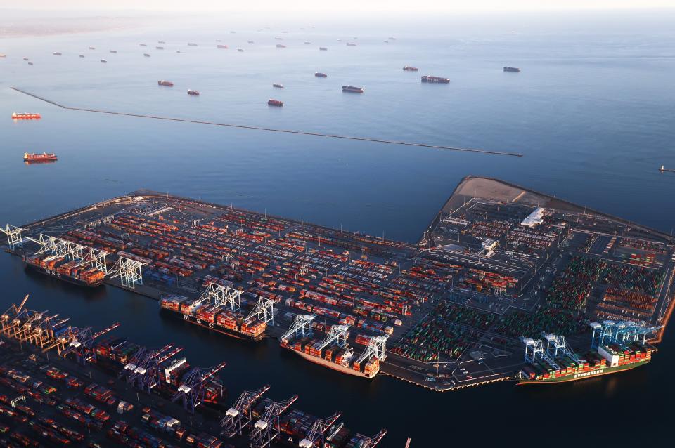 Container ships are anchored by the ports of Long Beach and Los Angeles as they wait to offload on 20 September, 2021 (Getty Images)