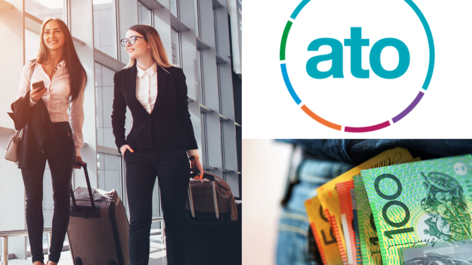 Compilation image of two women walking, with ATO symbol and Australian dollars in a back pocket