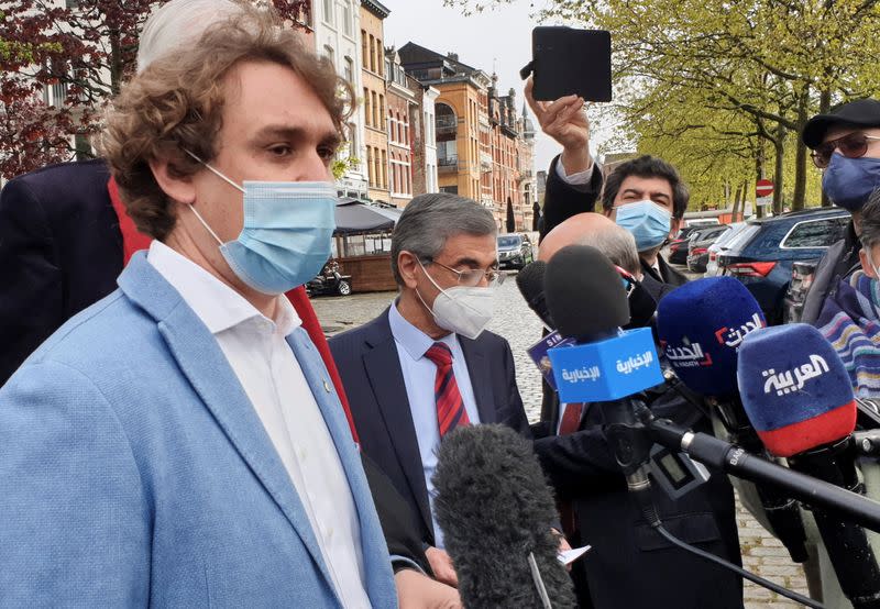 Lawyer Rik Vanreusel, representing The National Council Of Resistance Of Iran (NCRI), speaks to the media outside a court building in Antwerp