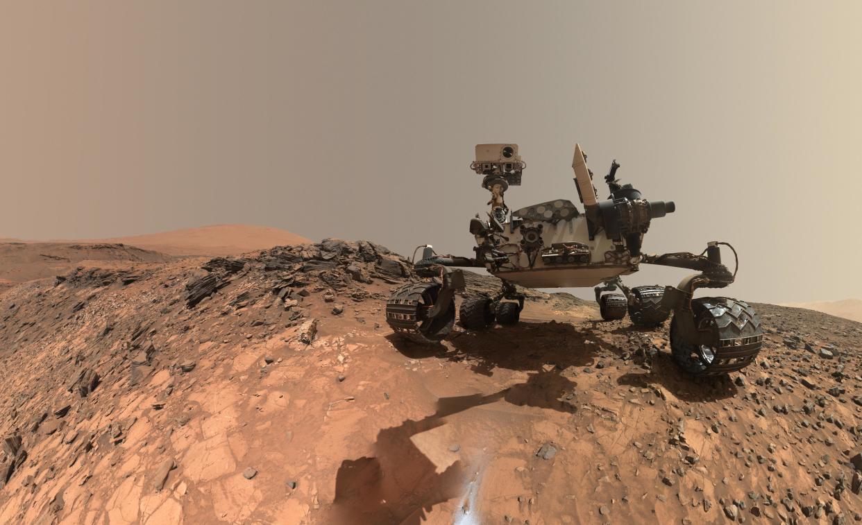 This low-angle self-portrait of NASA's Curiosity Mars rover shows the vehicle at the site from which it reached down to drill into a rock target called 'Buckskin' on lower Mount Sharp.