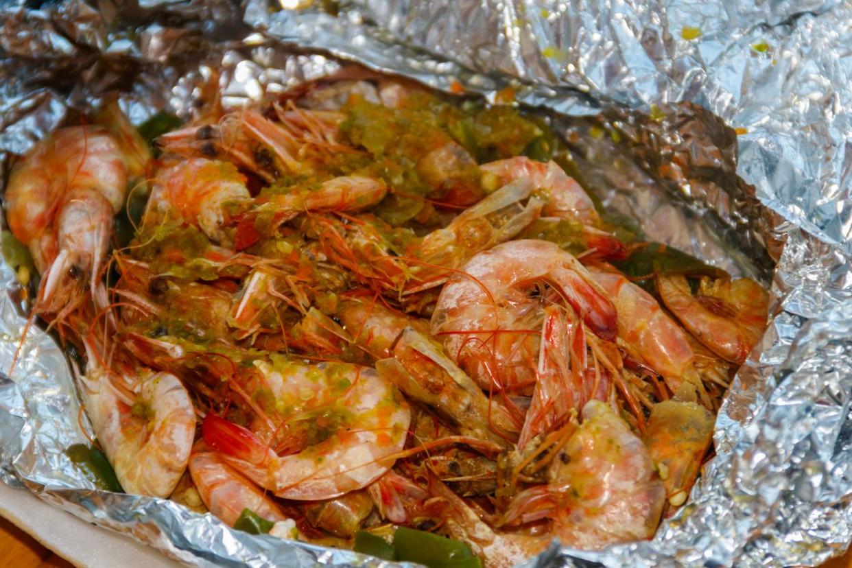 Close-up of shrimps baked in foil