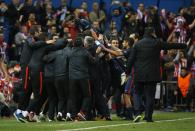 Football Soccer - Atletico Madrid v FC Barcelona - UEFA Champions League Quarter Final Second Leg - Vicente Calderon Stadium - 13/4/16 Atletico's Antoine Griezmann celebrates scoring their second goal Reuters / Sergio Perez Livepic EDITORIAL USE ONLY.