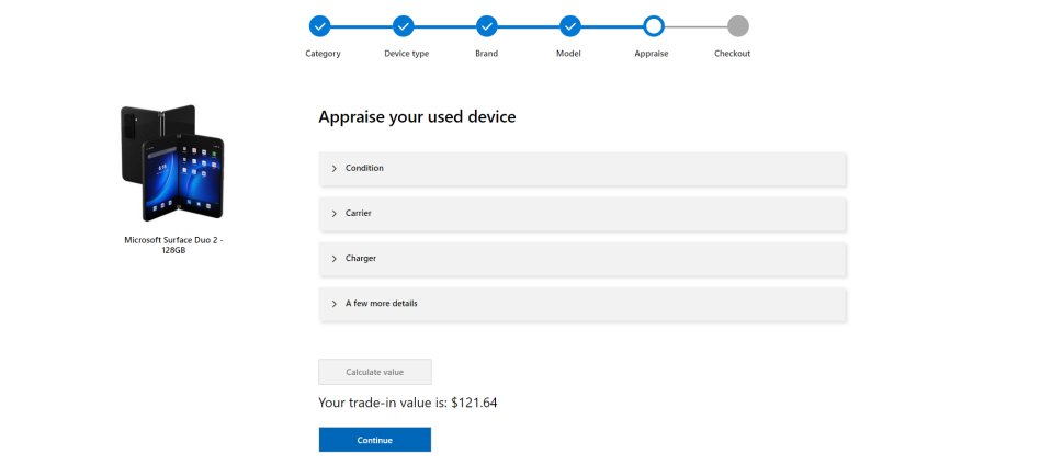 A screenshot from Microsoft's website highlighting the resale value of a 128GB Surface Duo 2.