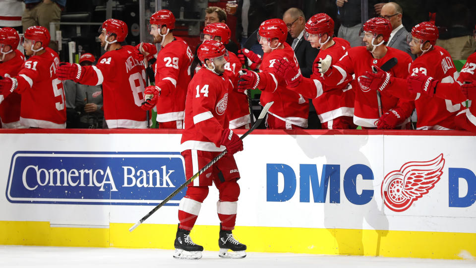 Detroit Red Wings center Robby Fabbri (14) celebrates his goal against the Winnipeg Jets in the first period of an NHL hockey game Thursday, Dec. 12, 2019, in Detroit. (AP Photo/Paul Sancya)
