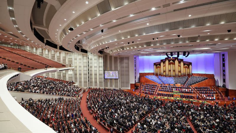 Attendees sing during a congregational hymn during the Sunday morning session of the 193rd Annual General Conference of The Church of Jesus Christ of Latter-day Saints. CBS’s “60 Minutes” aired a segment on church finances.