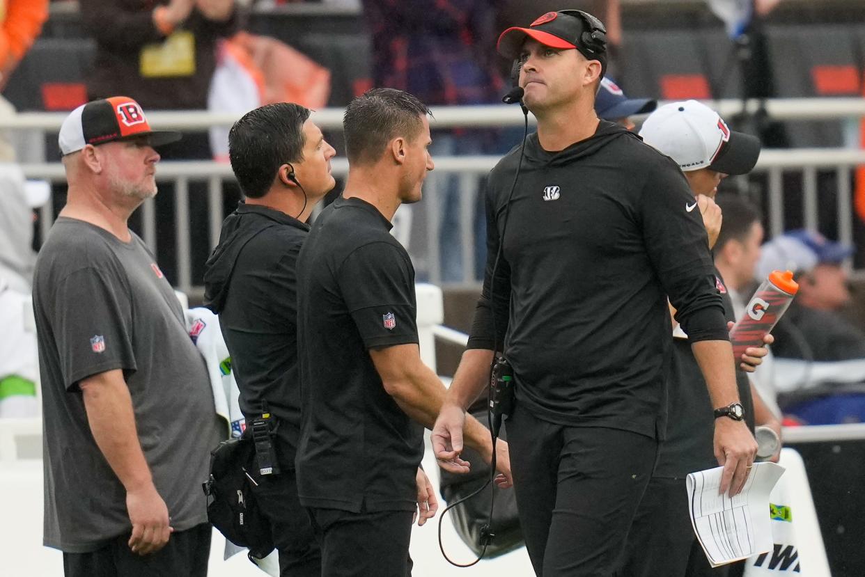 Cincinnati Bengals head coach Zac Taylor paces the sideline in the second quarter of the NFL Week 1 game between the Cleveland Browns and the Cincinnati Bengals at FirstEnergy Stadium in downtown Cleveland on Sunday, Sept. 10, 2023. The Browns led 10-0 at halftime.