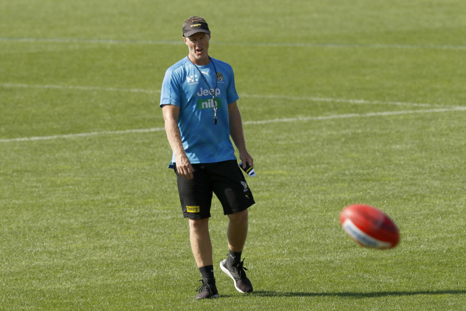 Richmond senior coach, Damien Hardwick looks on during a Richmond Tigers AFL training session at Punt Road Oval on January 11, 2021 in Melbourne, Australia.