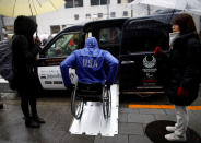 Paralympian Daniel Romanchuk of the U.S. enters a Toyota Motor Corp.'s JPN Taxi during his tour of Tokyo, Japan March 4, 2019. REUTERS/Issei Kato