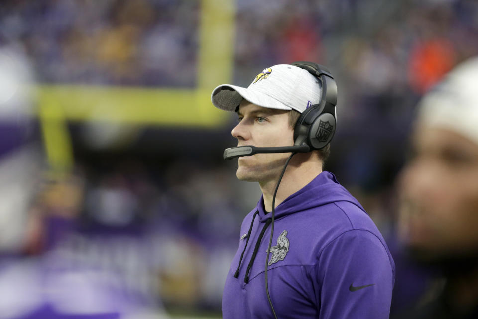 Minnesota Vikings head coach Kevin O'Connell watches from the sideline during the first half of an NFL football game against the Indianapolis Colts, Saturday, Dec. 17, 2022, in Minneapolis. (AP Photo/Andy Clayton-King)