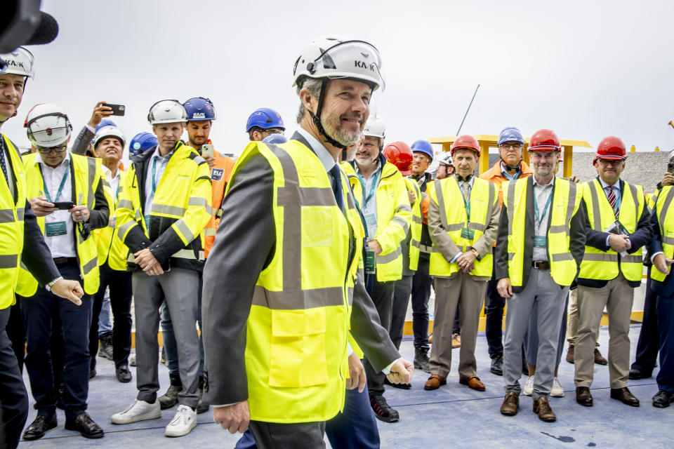 Denmark's King Frederik X, visits the Fehmarn Belt tunnel construction site at Roedbyhavn and inaugurates the first tunnel element, on the island of Lolland, Denmark, Monday June 17, 2024. Danish King Frederik X inaugurated Monday the first element of a future 18-kilometer (11-mile) rail-and-road tunnel under the Baltic Sea that will link southern Denmark to northern Germany and contribute to the transport sector's green transition. (Ingrid Riis/Ritzau Scanpix via AP)