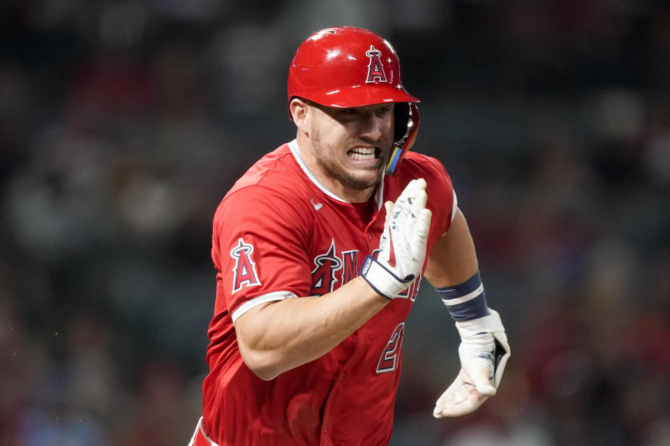 Los Angeles Angels' Mike Trout runs after a single during the seventh inning of a baseball game against the Philadelphia Phillies, Monday, April 29, 2024, in Anaheim, Calif. (AP Photo/Ryan Sun)