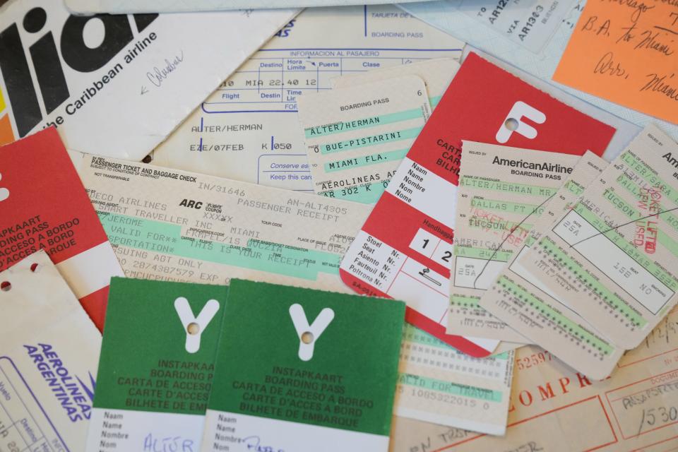 Rita and Jerry Alter saved their airline ticket stubs from their travels. The couple visited more than 140 countries on all continents.