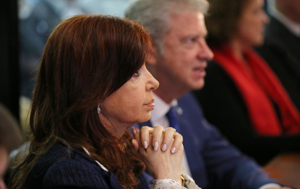 Former President Cristina Fernandez appears before a court, in Buenos Aires, Argentina, Tuesday, May 21, 2019. Fernandez is in court for the first in a series of corruption trials. (AP Photo/Marcos Brindicci)