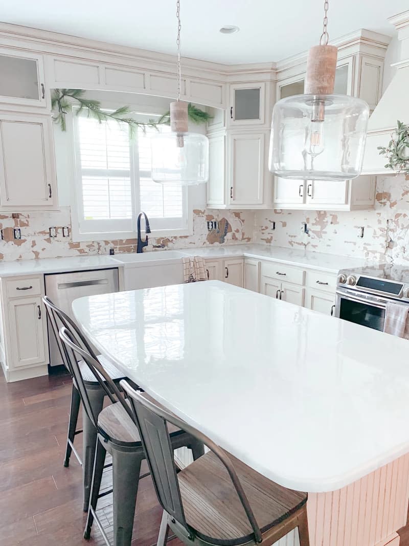 White faux marble in kitchen.