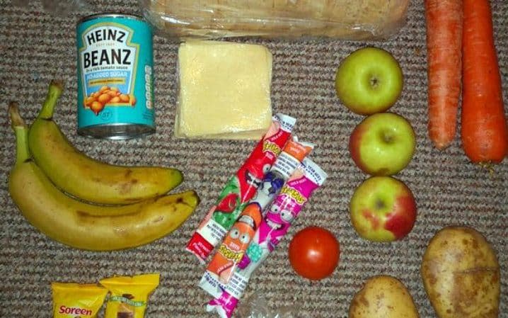 Part of a food parcel delivered to school children in England - Twitter / @roadside mum