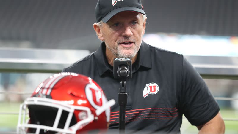Utah football coach Kyle Whittingham speaks about competing in the Las Vegas Bowl at a press conference at Allegiant Stadium in Las Vegas on Friday, Dec. 22, 2023.