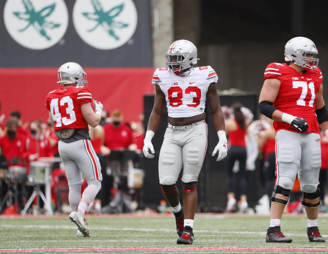 Team Buckeye defensive end Cormontae Hamilton (83) during the Ohio State Buckeyes football spring game at Ohio Stadium in Columbus on Saturday, April 17, 2021. 