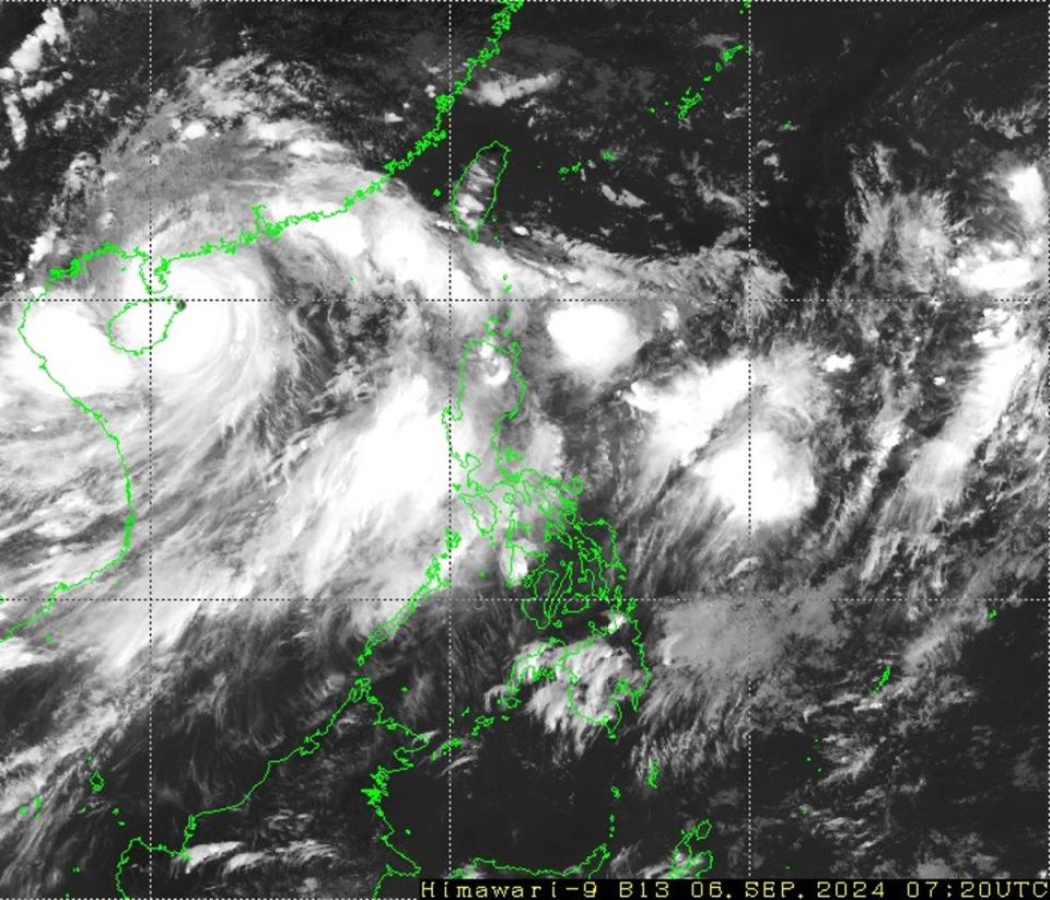 Infrared image from Japan’s Himawari-9 satelite shows the eye of Super Typhoon Yagi over the northern tip of Hainan island as it continues to churn westward (Himawari-9)