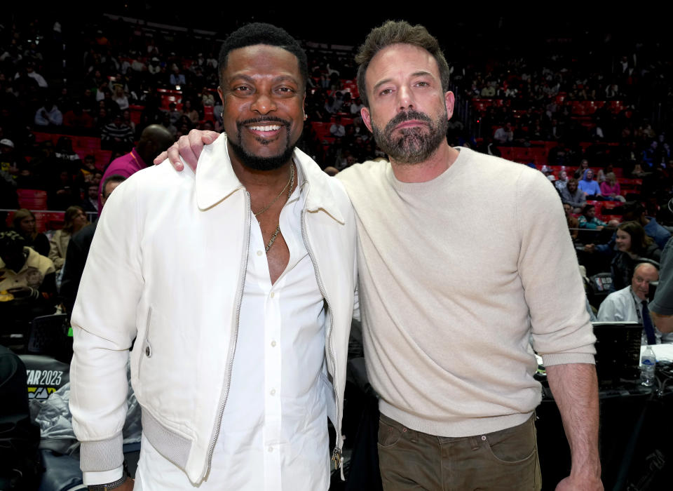 SALT LAKE CITY, UTAH – FEBRUARY 17: (L-R) Chris Tucker and Ben Affleck attend the Ruffles Celebrity Game during the 2023 NBA All-Star Weekend at Vivint Arena on February 17, 2023 in Salt Lake City, Utah. (Photo by Kevin Mazur/Getty Images)