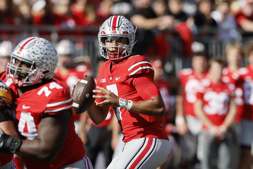 Ohio State quarterback C.J. Stroud is the betting favorite to win the Heisman this year, and he takes his talents on the road to face Penn State this weekend. (AP Photo/Jay LaPrete)