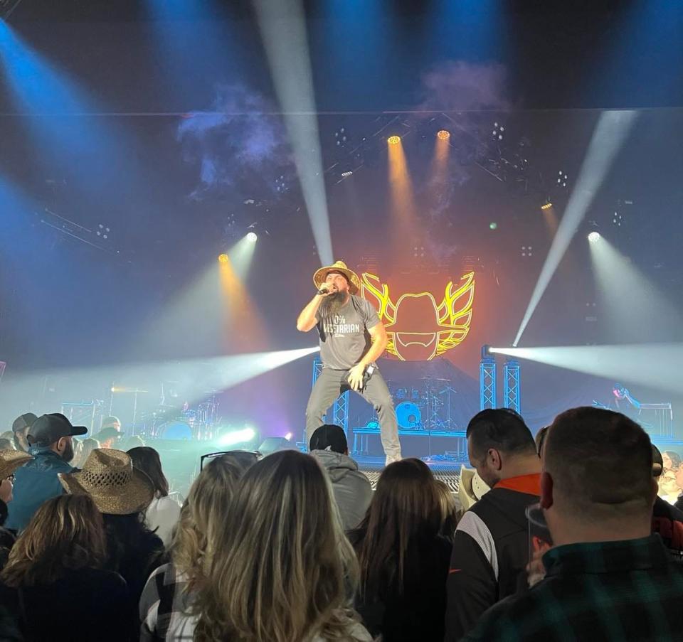 Country rapper Demun Jones performs as an opener at Thursday night's Brantley Gilbert concert at the Canton Memorial Civic Center.