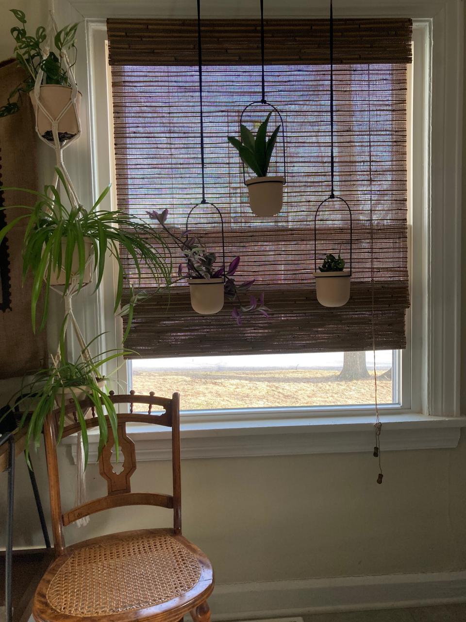 Freshly painted pots hang in front of a window.