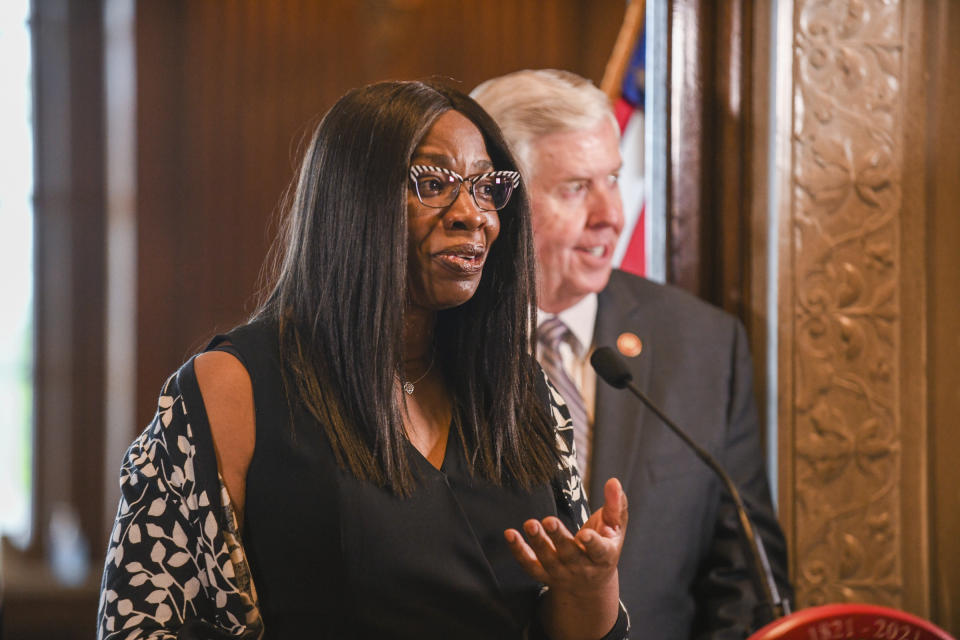 The newest member of the Missouri Supreme Court, Judge Robin Ransom, addresses the media after being introduced by Gov. Mike Parson during a press conference Monday, May 24, 2021, at Parson's Capitol office in Jefferson City, MO. Ransom was selected from 25 applicants for the position. (Julie Smith/The Jefferson City News-Tribune via AP)