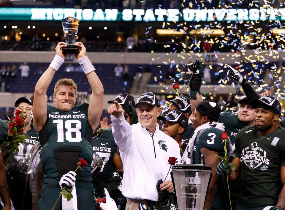 Dec. 7, 2013: Michigan State 34, Ohio State 24, Lucas Oil Stadium:
A heavy underdog, MSU took a 17-0 lead in the Big Ten championship game, but was caught and passed by second-ranked Ohio State. But a fourth-down stop by Denicos Allen on OSU's Braxton Miller, followed by a clinching 26-yard touchdown run by Jeremy Langford, preserved the first Big Ten championship game victory in school history and a trip to the Rose Bowl for the first time since 1987.