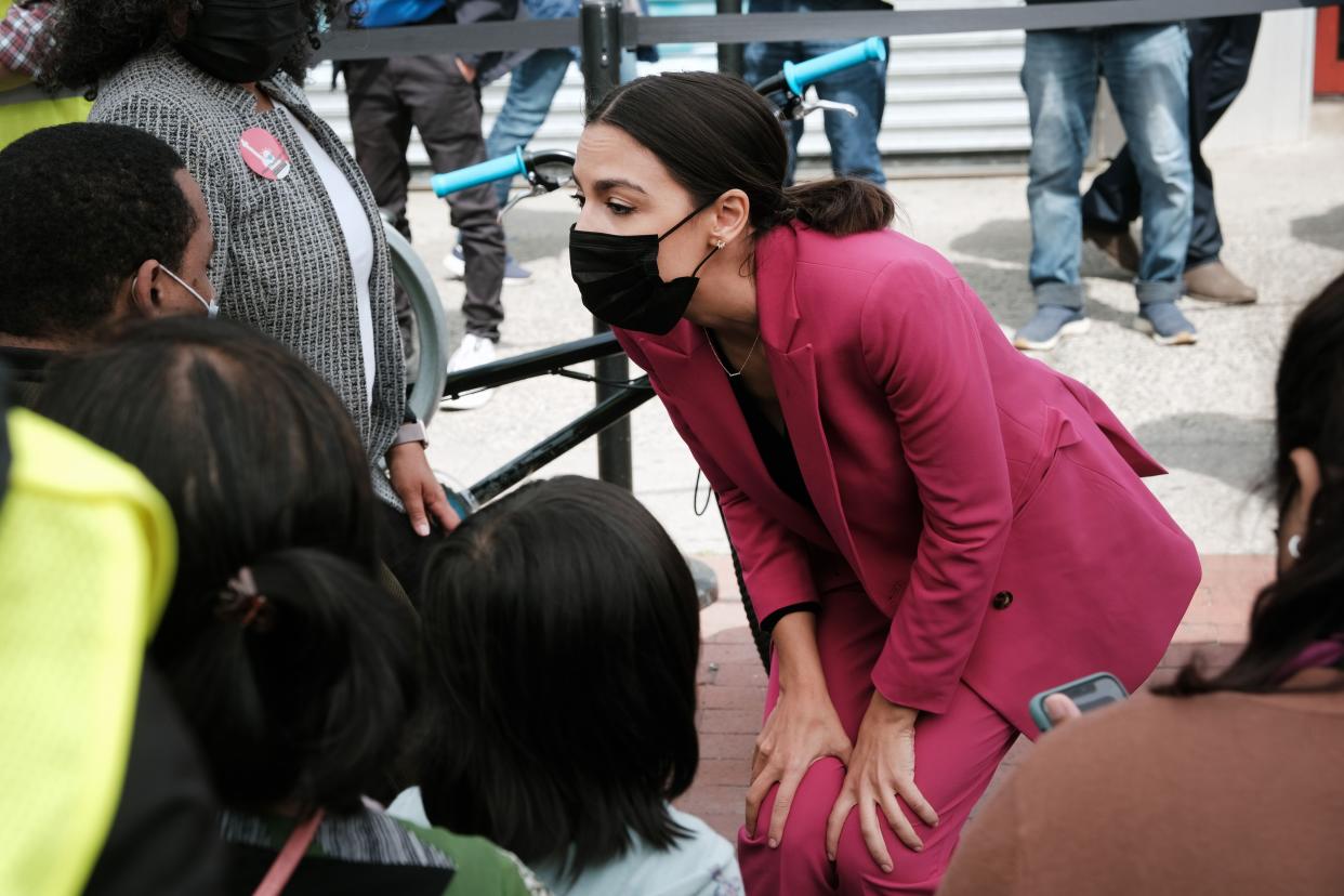 Representative Alexandria Ocasio-Cortez (D-NY) is joined by New York Mayor Bill de Blasio as they visit a mobile vaccination site in the Bronx on Friday afternoon on May 7, 2021, in New York City. The Bronx, along with parts of Brooklyn and Staten Island, is one of the areas that has seen some resistance to getting the vaccine for COVID-19. The Bronx is also the borough that had the highest death rate from the pandemic.