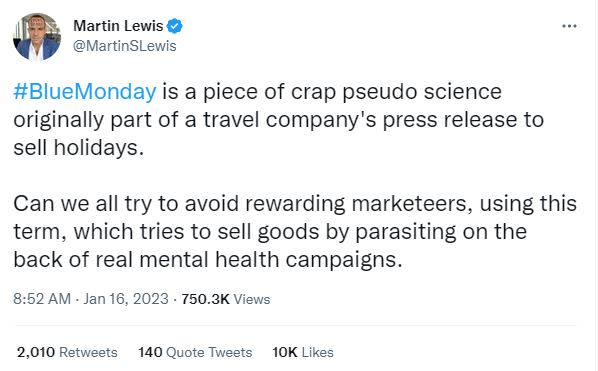 Martin Lewis used Twitter to slam the concept of Blue Monday. (Martin Lewis/Twitter)