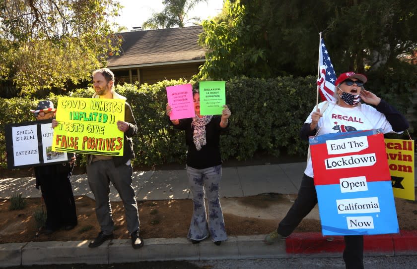 SANTA MONICA, CA - DECEMBER 01, 2020 - A handful of people protest across the street from the home of Los Angeles County Supervisor Sheila Kuehl in Santa Monica on December 1, 2020. Kuehl is one of the board members that voted in favor of stricter lockdown measures and warned about the dangers of eating at restaurants and voted to support the shutdown of in-person dining in Los Angeles County. Kuehl was spotted dining at Il Forno Trattoria in Santa Monica on the day she voted in favor of more restrictions and before the shutdown was implemented. (Genaro Molina / Los Angeles Times)