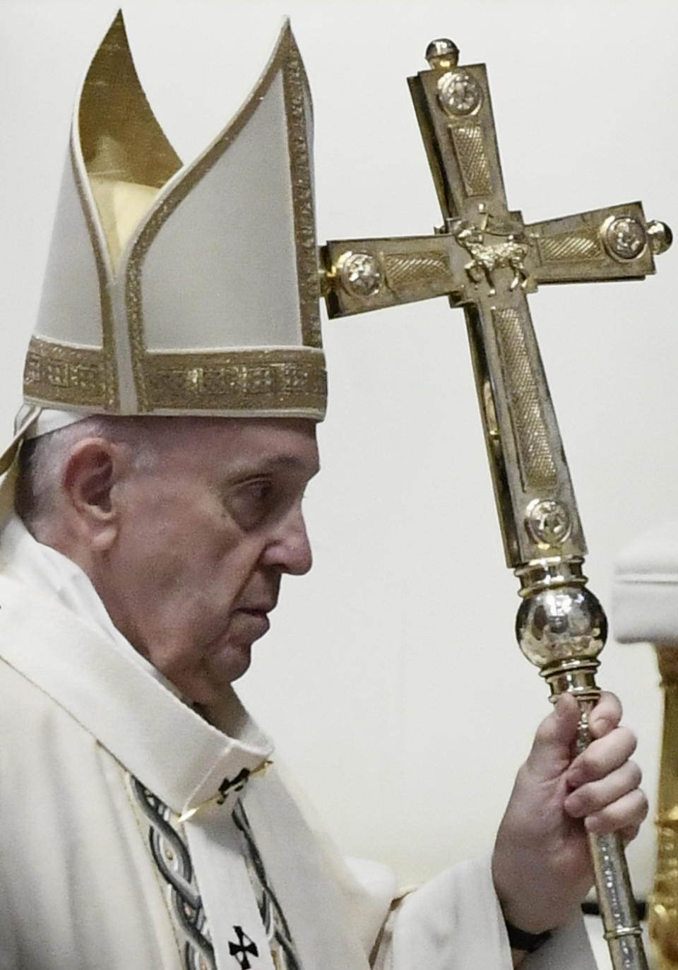 Pope Francis leaves at the end of Easter Mass at St. Peter's Basilica at The Vatican Sunday, April 4, 2021, during the Covid-19 coronavirus pandemic. (Filippo Monteforte/Pool photo via AP)