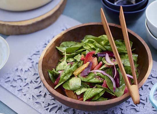 <strong>Get the <a href="http://www.huffingtonpost.com/2011/10/27/spinach-salad-with-citrus_n_1061068.html">Spinach Salad with Citrus and Roasted Beets Recipe</a></strong>