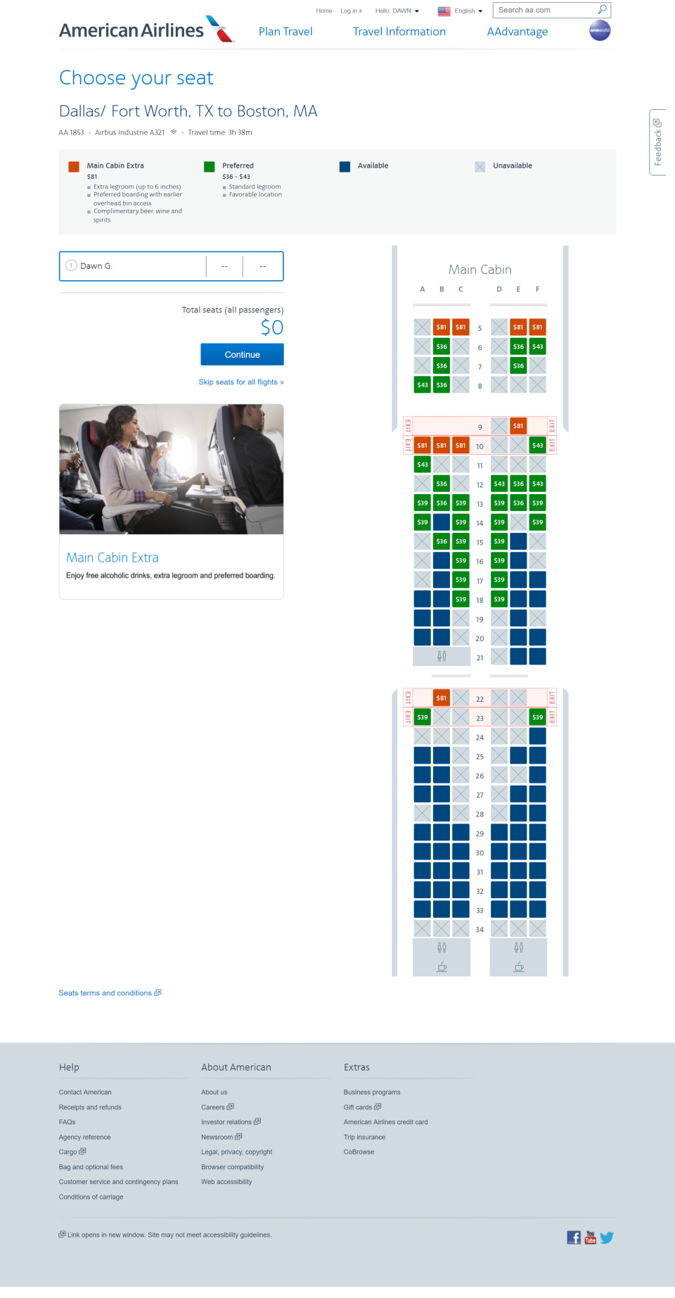 An American Airlines seating chart on a flight between Dallas and Boston. Seats highlighted in green cost extra but don't come with extra legroom or other perks.