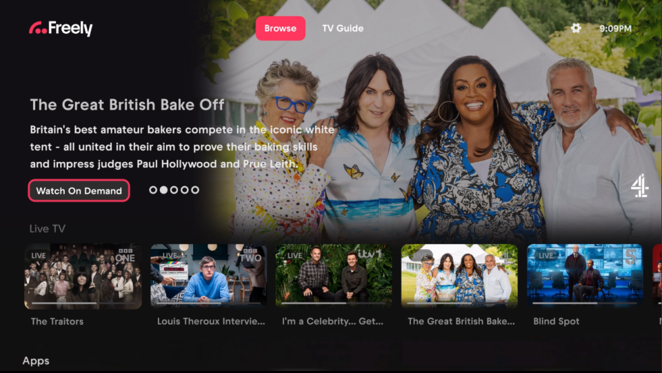 Freely live UK TV and catch-up streaming service user interface