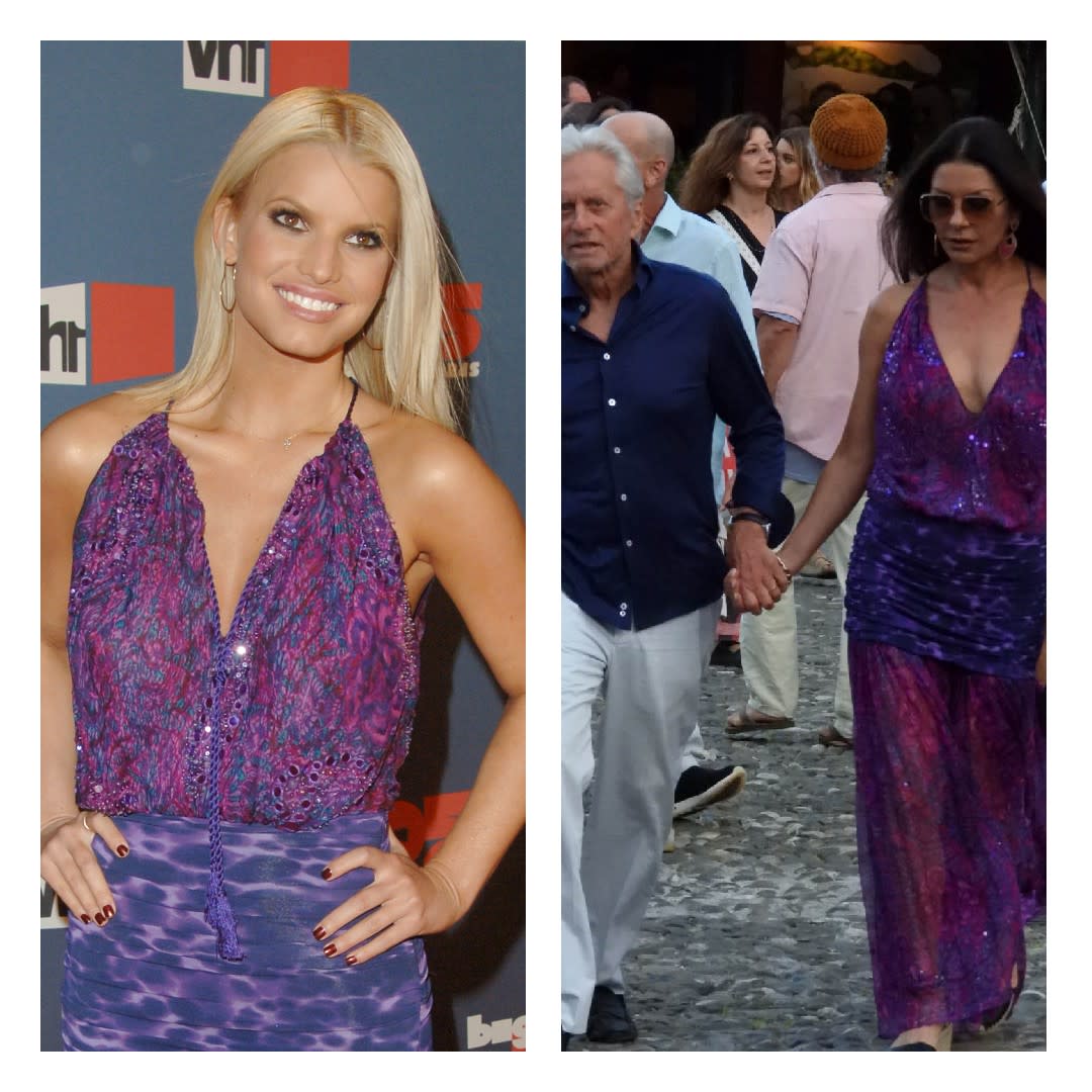  Side-by-side of Jessica Simpson and Catherine Zeta-Jones in the same purple Ungaro dress 