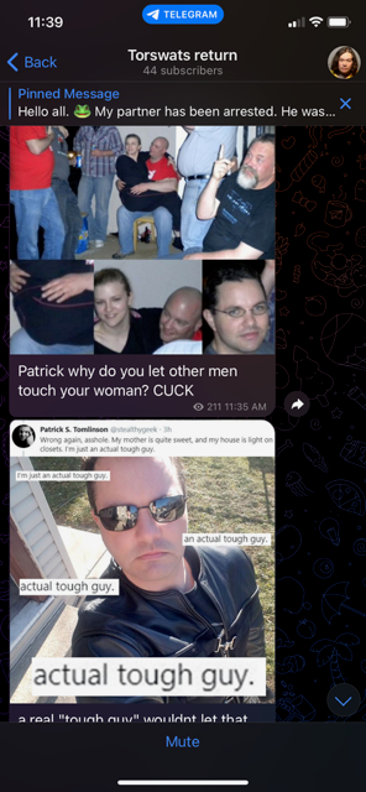 A dedicated ‘swatting’ channel on Telegram has made explicit threats and derogatory posts about author Patrick S. Tomlinson (Screenshot)
