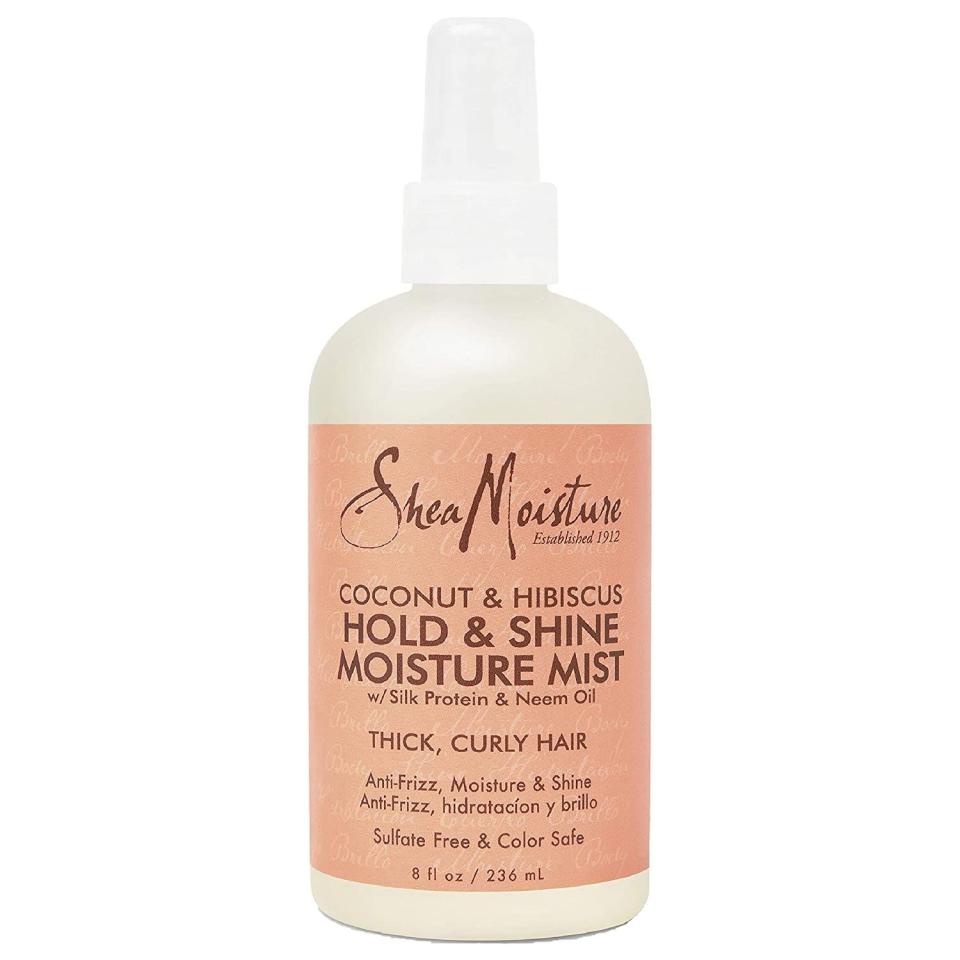 <p><strong>SheaMoisture</strong></p><p>amazon.com</p><p><strong>$11.49</strong></p><p>Thick, curly hair will love this moisturizing hairspray mist from SheaMoisture. The gentle, <strong>hydrating formula smooths and softens hair</strong> while providing a very light hold and protecting from environmental aggressors (hi, pollution and UV rays) with a combo of proteins, neem oil, <a href="https://www.cosmopolitan.com/style-beauty/beauty/a27305882/coconut-oil-benefits-skin/" rel="nofollow noopener" target="_blank" data-ylk="slk:coconut oil;elm:context_link;itc:0;sec:content-canvas" class="link ">coconut oil</a>, and hibiscus extract.</p><ul><li><strong>Size: </strong>8 oz.</li><li><strong>Scent: </strong>Coconut and hibiscus</li><li><strong>Hold: </strong>Very light</li></ul><p><strong><em>THE REVIEW: "</em></strong><em>This product is honestly amazing on my 3b/3c/4a low porosity high-density hair," writes <a href="https://www.amazon.com/dp/B0038U4TRO?tag=syn-yahoo-20&ascsubtag=%5Bartid%7C10049.g.25843731%5Bsrc%7Cyahoo-us#customerReviews" rel="nofollow noopener" target="_blank" data-ylk="slk:one reviewer;elm:context_link;itc:0;sec:content-canvas" class="link ">one reviewer</a>, adding "as people with low porosity hair know, it’s super hard to find a product that actually smoothes and moisturizes our hair, but, this product worked WONDERS."</em> </p>