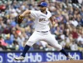Sep 8, 2018; Milwaukee, WI, USA; Milwaukee Brewers pitcher Gio Gonzalez (47) throws a pitch in the first inning against the San Francisco Giants at Miller Park. Mandatory Credit: Benny Sieu-USA TODAY Sports