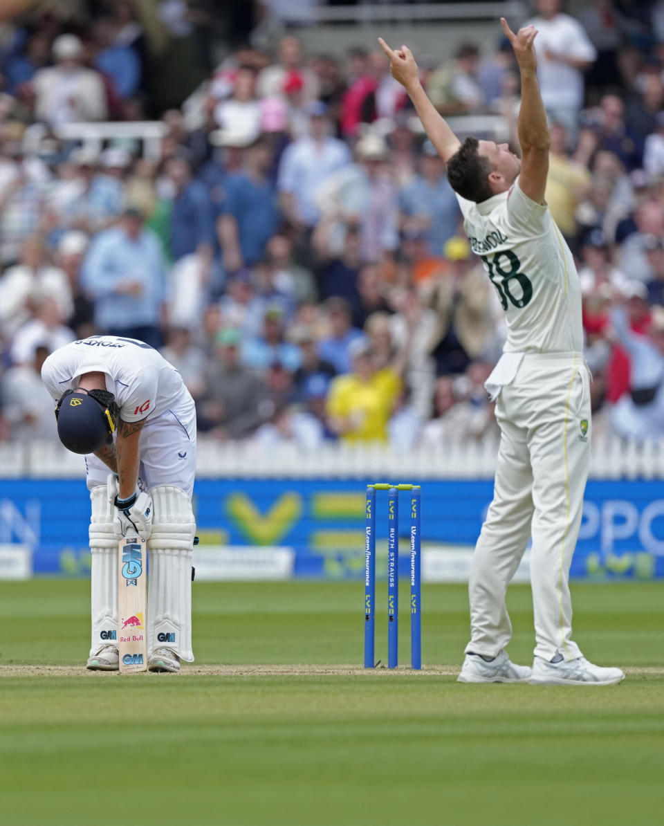 England's captain Ben Stokes, left, reacts after he is dismissed by Australia's Josh Hazlewood, right, during the fifth day of the second Ashes Test match between England and Australia, at Lord's cricket ground in London, Sunday, July 2, 2023. (AP Photo/Kirsty Wigglesworth)