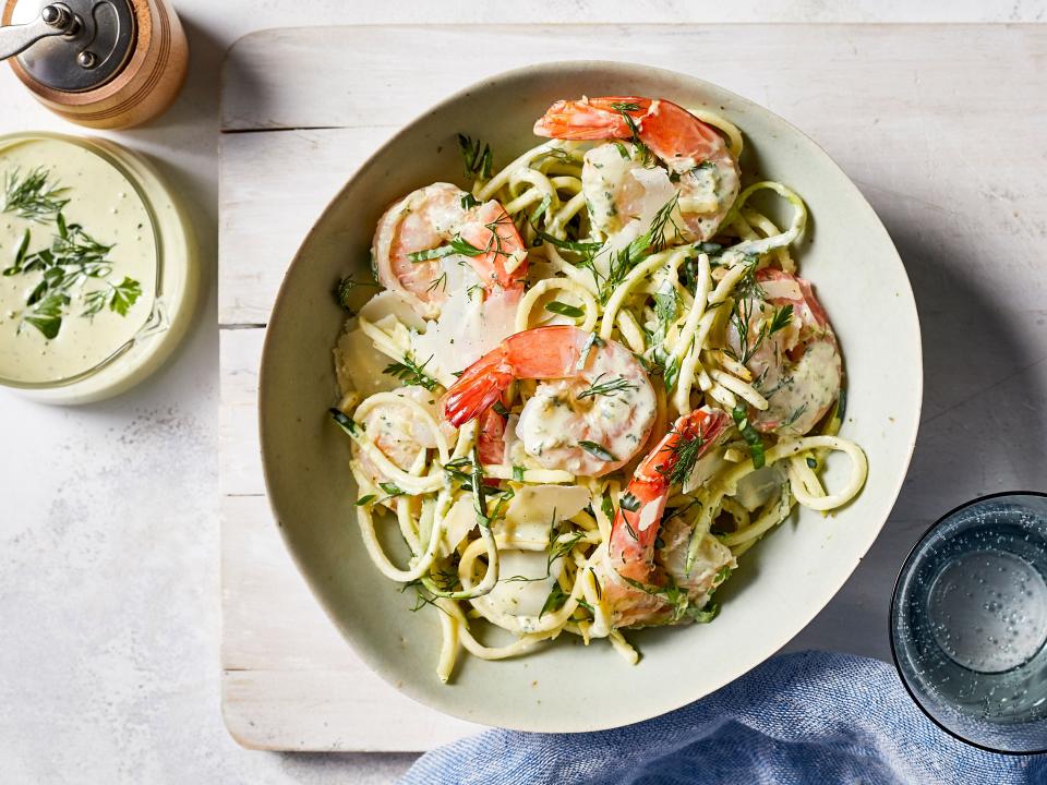 Zoodles with Shrimp and Green Goddess Dressing