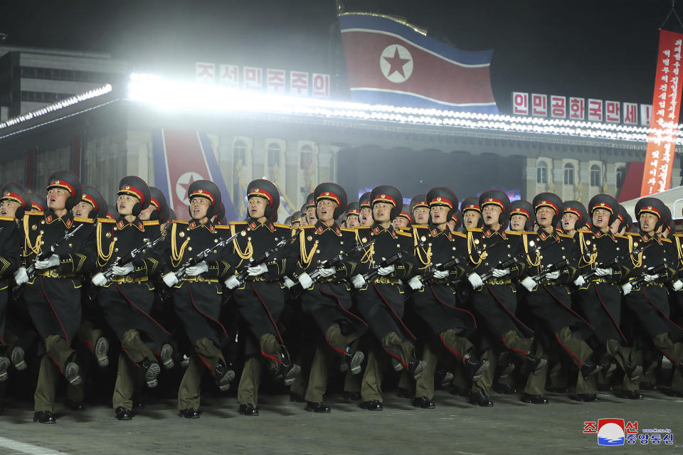 In this photo provided by the North Korean government, a military parade is held to mark the 75th founding anniversary of the Korean People’s Army on Kim Il Sung Square in Pyongyang, North Korea Wednesday, Feb. 8, 2023. Independent journalists were not given access to cover the event depicted in this image distributed by the North Korean government. The content of this image is as provided and cannot be independently verified. Korean language watermark on image as provided by source reads: "KCNA" which is the abbreviation for Korean Central News Agency. (Korean Central News Agency/Korea News Service via AP)