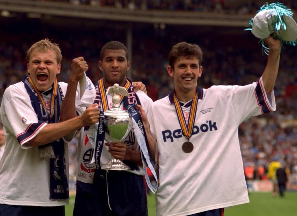 The Bolton News: ON THE SCORESHEET: Wanderers goalscorers celebrate after the 1995 Championship play-off final, from left Mixu Paatelainen, Fabian de Freitas and Owen Coyle