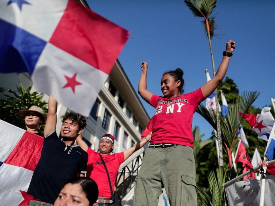  People celebrate the Supreme Court’s ruling on the contract with Canadian mining company First Quantum Minerals Ltd. and its subsidiary Minera Panama in Panama City.